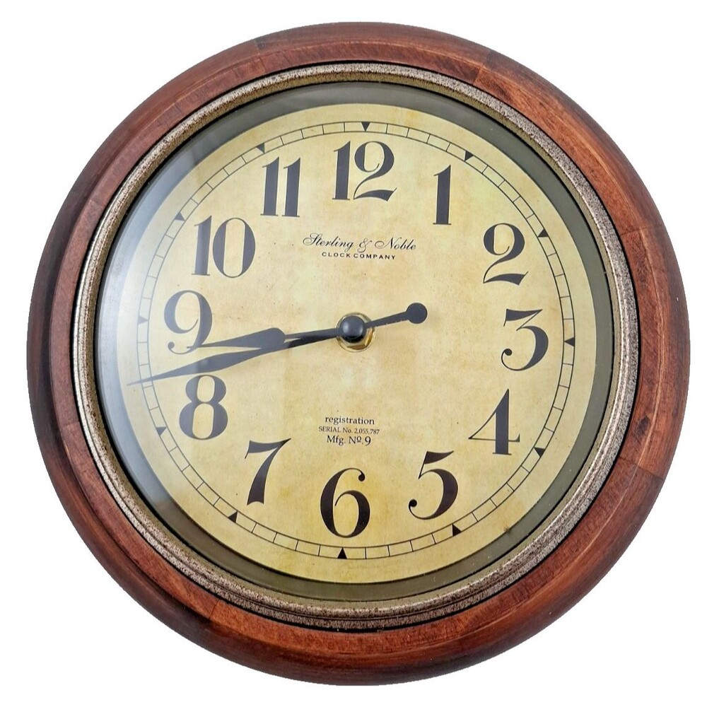 Sterling & Noble Round Wall Clock 9” Dark Walnut Frame Metal Case Excellent